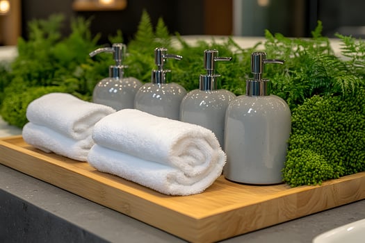 Spa Luxury Elegant Bathroom Decor with Towels, Greenery, and Lotion Bottles photo