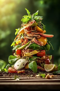 Food Tower of Fresh Vegetables Herbs atop Soil Surface in Outdoor Setting representing Concept of Zero Waste Living photo