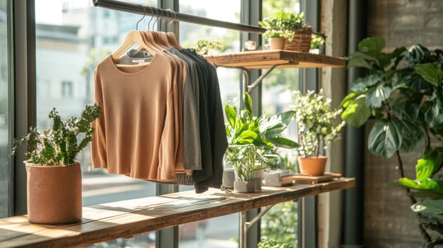 Clothes Hang Near Plants. Sunlight Streams Through Glass. Interior Features Shelves. Natural Elements Create Warmth. Minimalist Living Style. photo