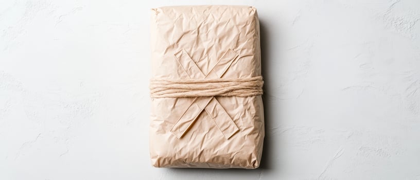 Wrapped package on a neutral surface. Brown paper held with simple twine. Rectangular form. Plain covering. Rustic wrapping. Minimalist aesthetic. Top view arrangement. photo