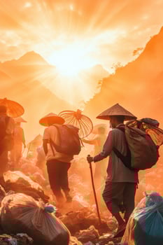 Group ascends mountain at sunrise. Carrying woven baskets. Hats protect from sun. Difficult terrain. Bright light. Adventure travel. Outdoor journey. Bags on ground. photo