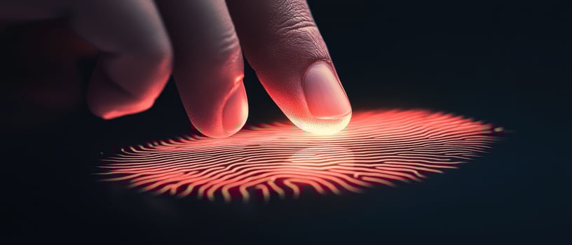 Finger touching digital fingerprint. Red light on secure access control. Cybersecurity Awareness concept. Technology scanning identification for safety. photo