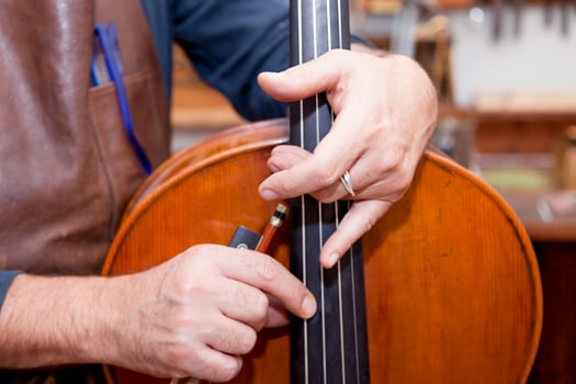close-up of a luthier's hands playing a newly finished viola to test the sound at work photo