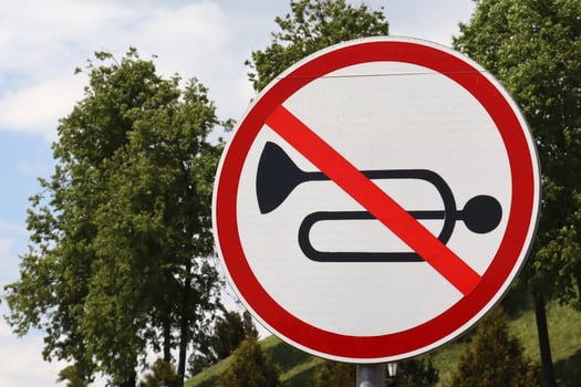 Close-up of a no honking traffic sign with a horn crossed out in red. The round sign stands against a background of green trees and a partly cloudy sky. photo