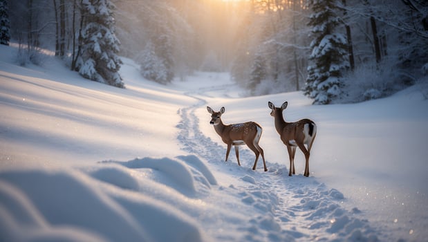 Two Deer Standing on Snowy Path in Winter Forest Sunlight photo