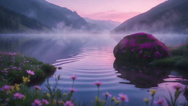 Lake with Mountain View and Pink Flowers at Sunrise in Fog photo