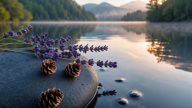 Lavender Flowers and Pine Cones on Rock by Calm Lake photo