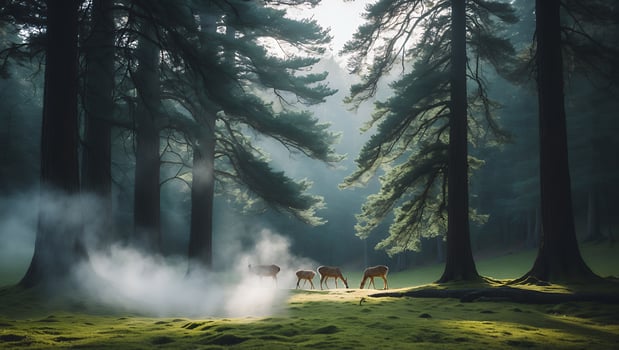 Deer Family Grazing in Misty Forest Clearing Under Tall Trees photo