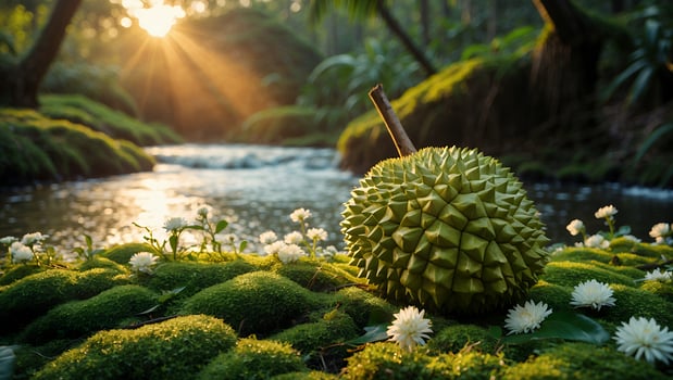 Durian Fruit Resting on Moss with Stream and Sunlight photo