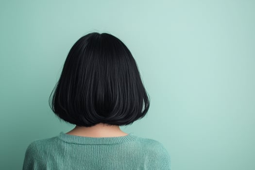 Woman with Short Black Bob Haircut Back View. Stylish and Elegant Hairstyle, Fashionable and Modern Hairdo. Teal Background, photo