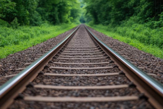 Railroad Tracks Through Lush Green Forest A Journey into Tranquility. The image showcases a picturesque railway line cutting thro photo