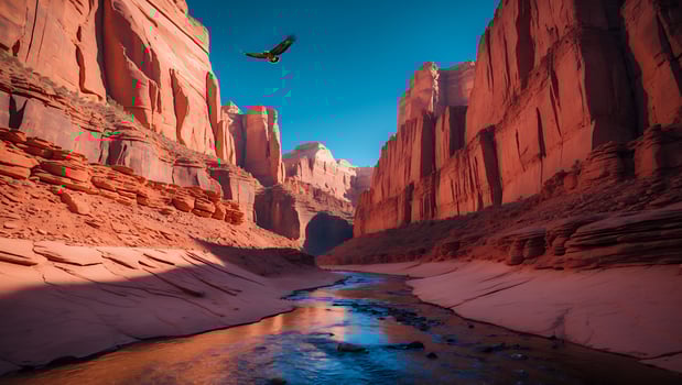 Eagle Soaring Above Canyon with River Running Through Red Rocks photo