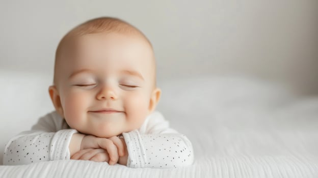 Sweet Dreams of Innocence A Precious Baby's Peaceful Slumber. This heartwarming image captures the serene beauty of a sleeping inf photo