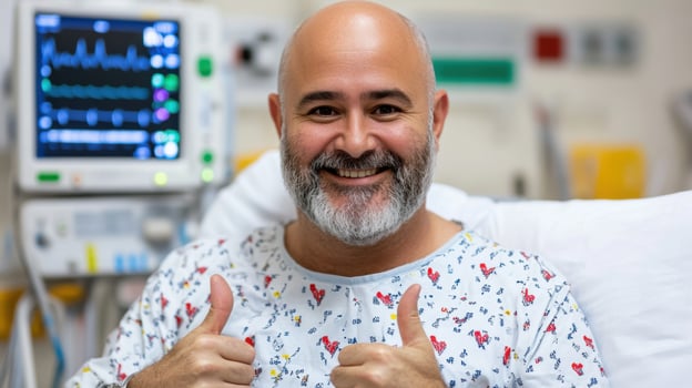 A smiling male patient in a hospital gown gives two thumbs up, conveying a positive and optimistic attitude towards his healthcare photo