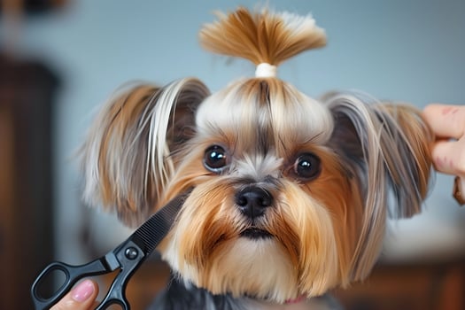 A dog being groomed by a person with scissors photo
