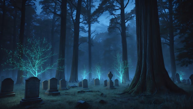 Exploring a Mystical Graveyard at Night with Glowing Trees photo