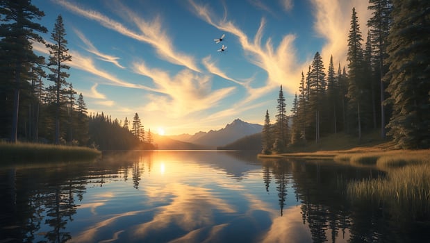 Reflective Lake at Sunset with Pine Trees and Dramatic Clouds photo