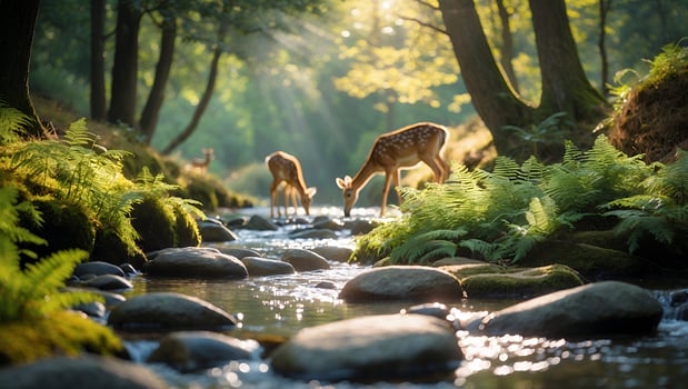 Deer Drinking Water in Forest Stream with Sunlit Ferns and Rocks photo
