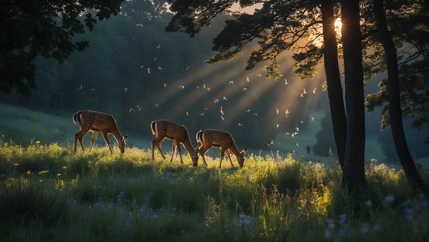 Deer Grazing in a Meadow with Sunlight Streaming Through Trees photo