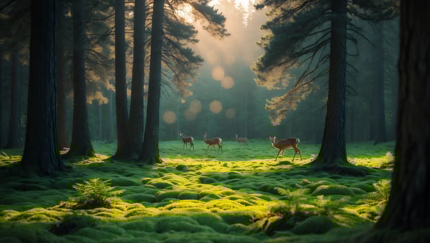 Deer Herd Walking Through Forest Clearing with Sunlight Streaming Through Trees photo