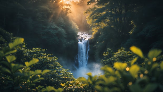 Waterfall Flows Through Lush Forest with Sunlight Creating a Peaceful Scene photo