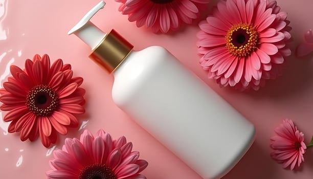 White cosmetic bottle with gold pump lid and pink flowers. Summer skincare product on pink background. Beauty and hygiene concept. photo