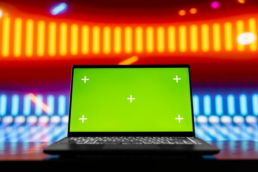 Trendy urban environment filled with neon lights and a chroma key screen, reflecting cyberpunk aesthetics for a digital concept rich in technology, neon glow and artistic street visuals. photo