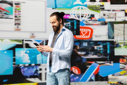 Modern online lifestyle of an influencer checking real time notifications, enjoying interaction with followers and posting creative content in a modern social network environment. photo