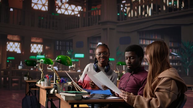 University students learning accounting principles and financial analysis for business administration courses, leveraging textbooks and materials in library. Entrepreneurship. Camera B. photo