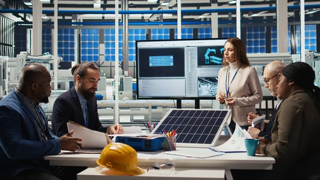 Scientists conduct experiments on PV materials to improve solar panel efficiency. Photovoltaics factory research and development department working on renewable energy solutions, camera A photo