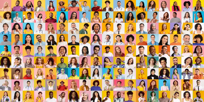A lively collection of diverse individuals showcases various facial expressions and styles. This vibrant collage celebrates the beauty of inclusion in everyday life. photo