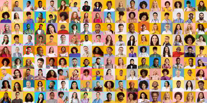 Faces of various backgrounds are displayed in a vibrant collage. Each person wears distinct styles, highlighting individuality and the beauty of diversity in a lively setting. photo