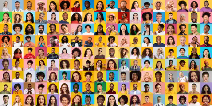 A vibrant collection of portraits featuring diverse individuals from various backgrounds. Each face expresses unique stories and lifestyles, highlighting multiracial and multiethnic beauty. photo