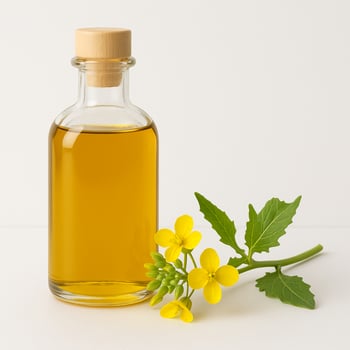 Mustard oil in a blank glass bottle photo