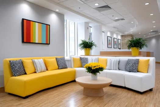 Modern office waiting area with colorful abstract painting and comfortable sofas photo
