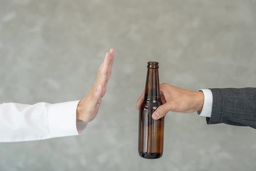 refuses say no and avoid to drink an alcohol, hand show reject and stopping, alcoholism treatment, alcohol addiction, quit booze, Stop Drinking Alcohol. Refuse bottle liquor, unhealthy photo
