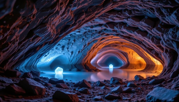 a crystal cave with glowing mineral walls. photo
