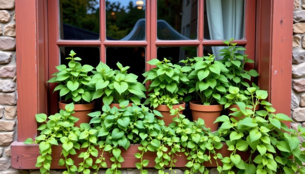 a window garden full of leafy herbs and potted greens. photo