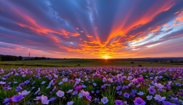 a dramatic sunset over a violet flower meadow. photo
