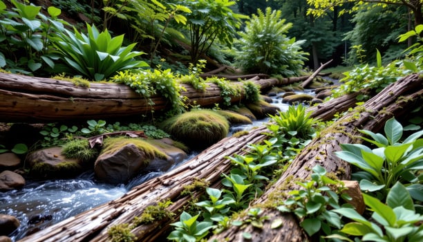 fallen logs overgrown with lush plants. photo