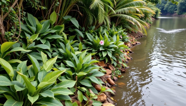a tangle of tropical plants along a riverbank. photo