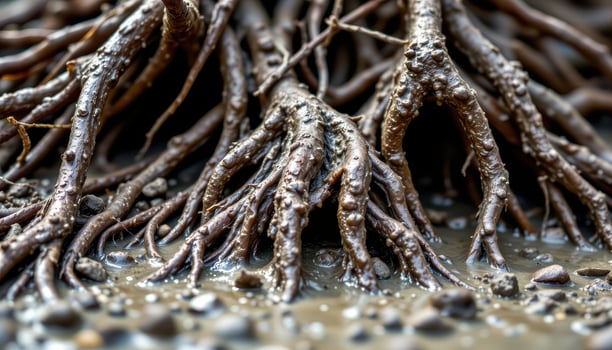 close up of wet mud clinging to mangrove roots. photo