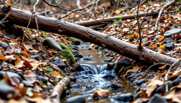 a small stream trickling beneath fallen branches. photo