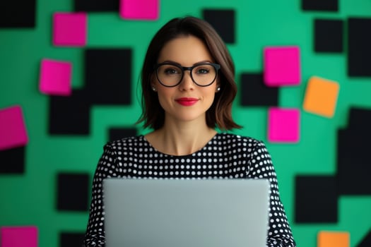 Portrait of a Confident Businesswoman Working on Her Laptop in a Modern Office. She is Dressed in a Stylish Polka Dot Dress and i photo