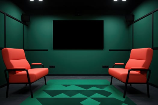 Modern Home Theater Design A Luxurious and Comfortable Cinema Experience. Green walls, red chairs, and a large screen create a coz photo