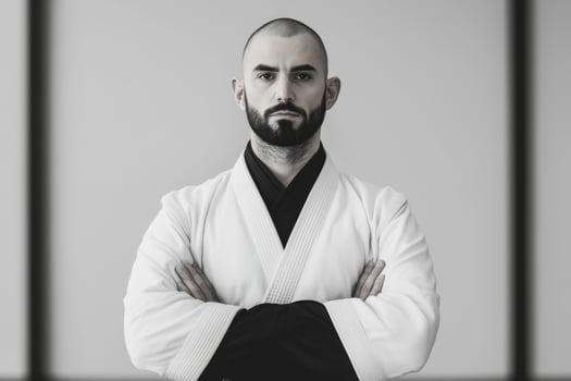 Portrait of a Confident Martial Arts Athlete Mastering Jiu Jitsu Techniques, Strength, and Discipline photo