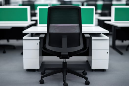 Modern Office Workspace Sleek Black Chair and White Desks. A minimalist and contemporary business interior design, perfect for cor photo