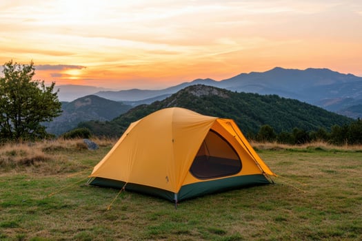 Camping Adventure A Serene Sunset in the Majestic Mountains. Escape to nature, find tranquility, and enjoy breathtaking views duri photo