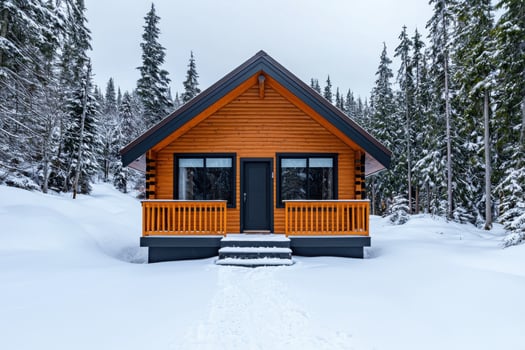 Cozy Wooden Cabin in Snowy Forest Winter Vacation Getaway. Perfect for a peaceful escape to nature, this idyllic log cabin offers photo