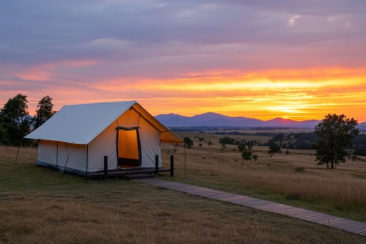 Luxury Camping Sunset Glamping in Mountain Meadow. Breathtaking view, serene nature, peaceful escape. Perfect for adventure and re photo